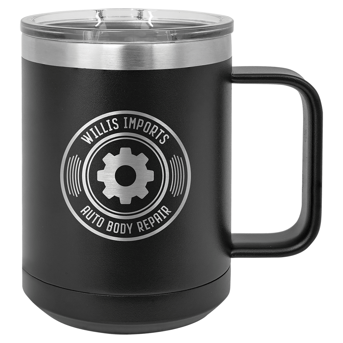15 oz coffee mug in black with sample laser engraving and powder-coated finish. Durable, sleek design with color matched handle