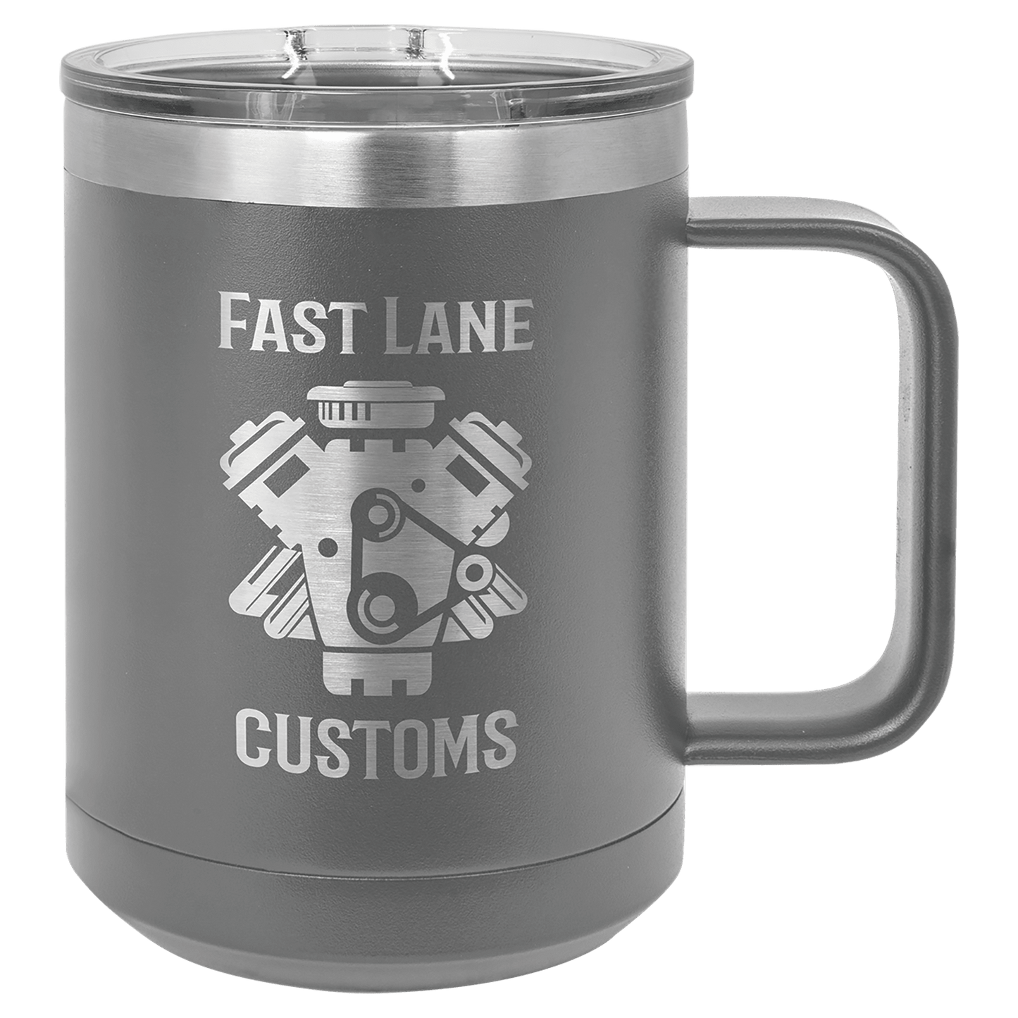 15 oz coffee mug in dark gray with sample laser engraving and powder-coated finish. Durable, sleek design with color matched handle