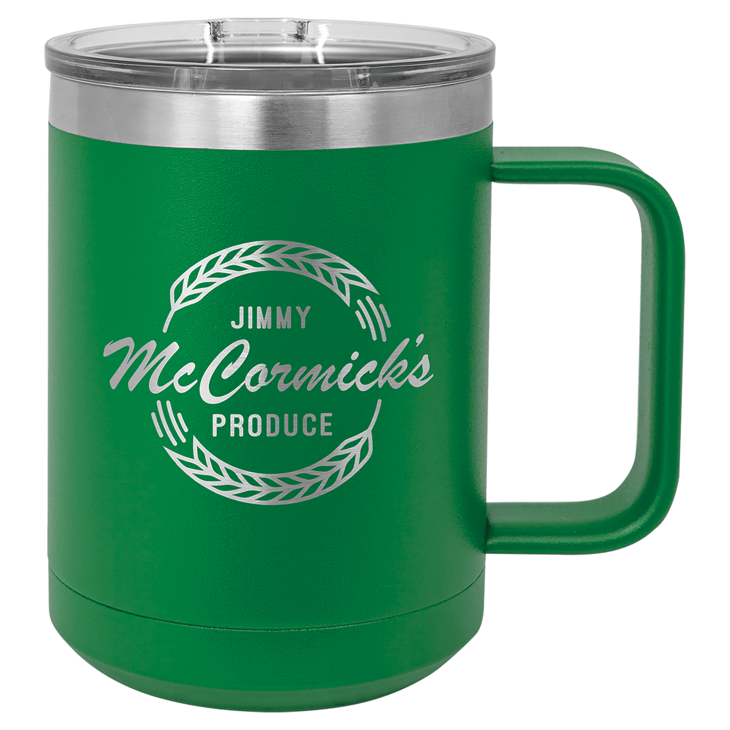 15 oz coffee mug in green with sample laser engraving and powder-coated finish. Durable, sleek design with color matched handle