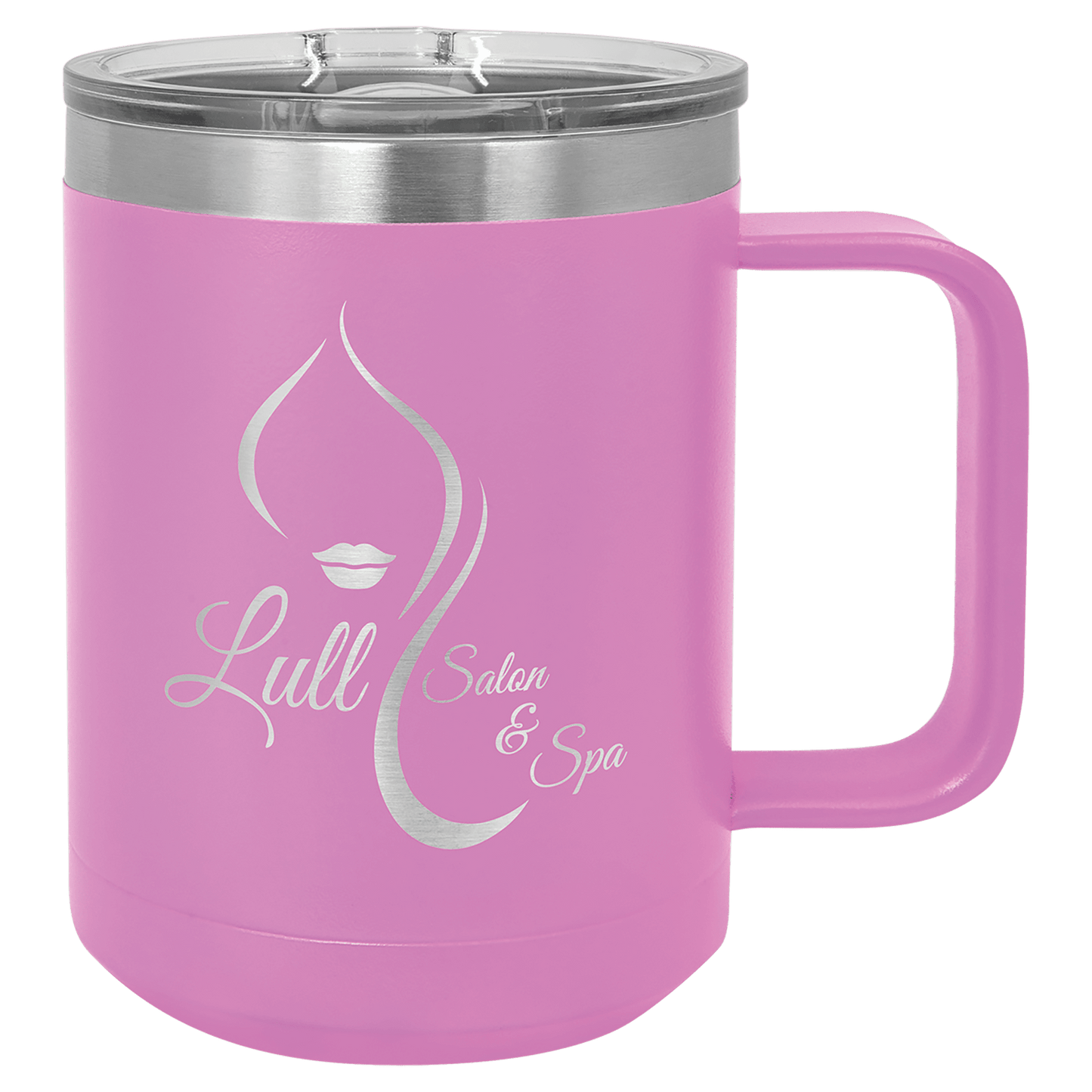 15 oz coffee mug in lavender with sample laser engraving and powder-coated finish. Durable, sleek design with color matched handle