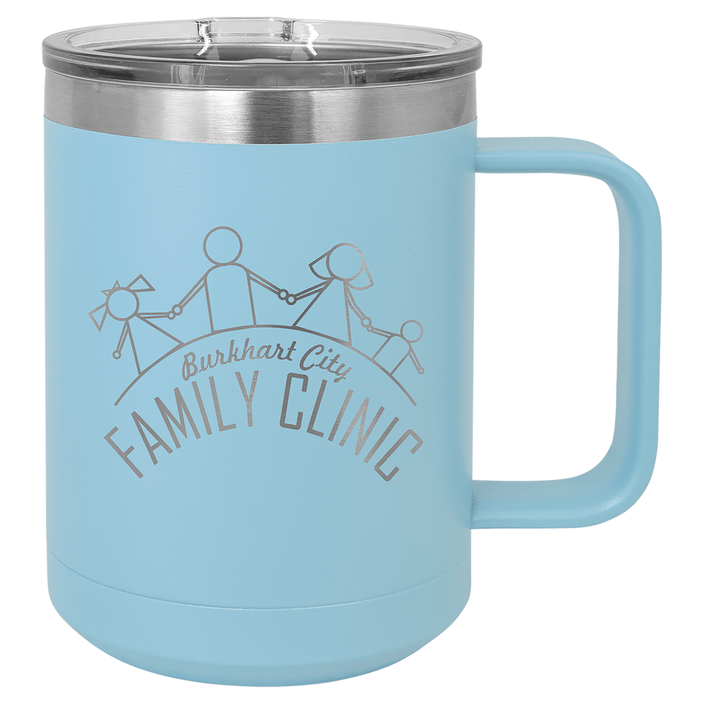 15 oz coffee mug in light blue with sample laser engraving and powder-coated finish. Durable, sleek design with color matched handle