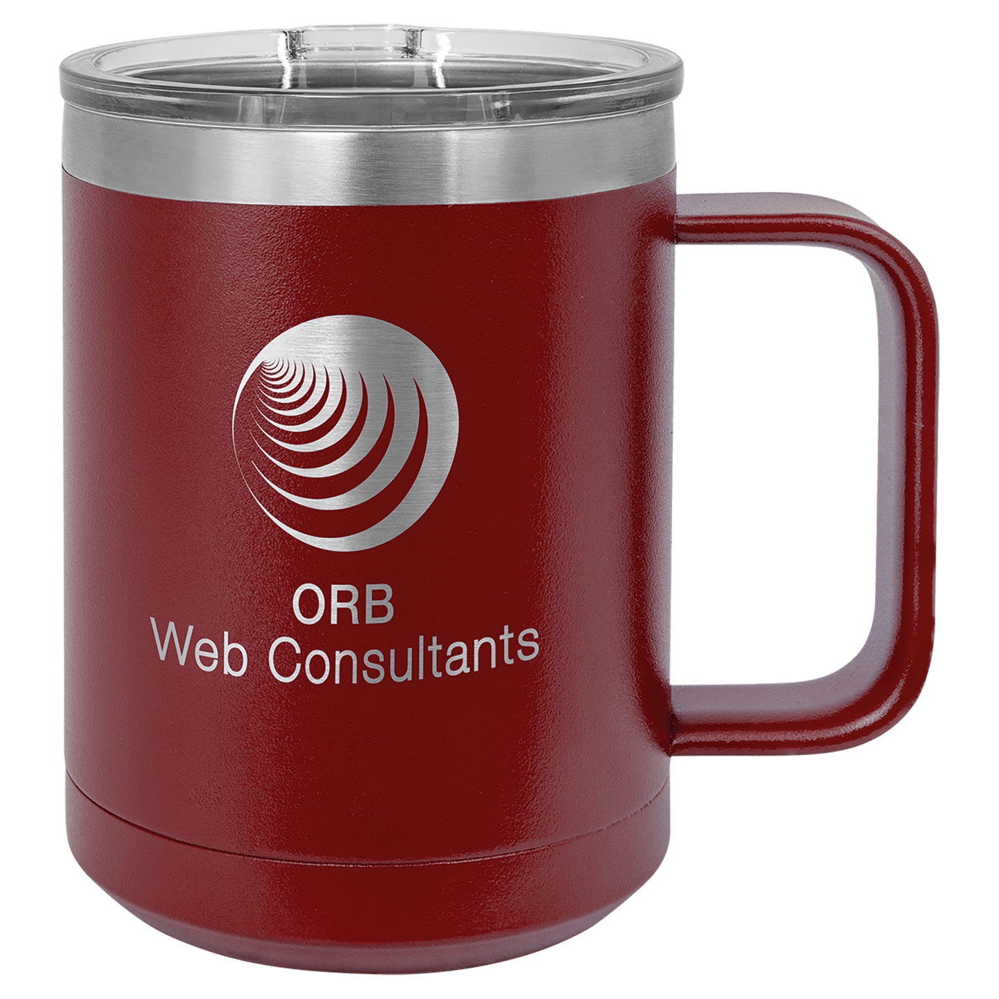 15 oz coffee mug in maroon with sample laser engraving and powder-coated finish. Durable, sleek design with color matched handle