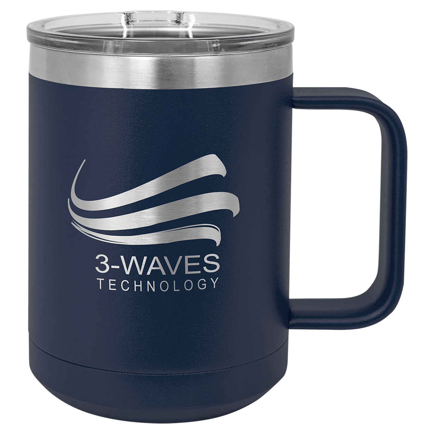 15 oz coffee mug in navy blue with sample laser engraving and powder-coated finish. Durable, sleek design with color matched handle