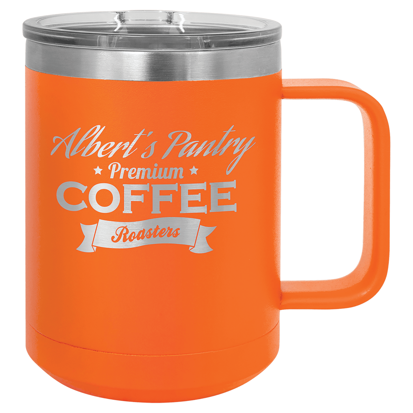 15 oz coffee mug in orange with sample laser engraving and powder-coated finish. Durable, sleek design with color matched handle