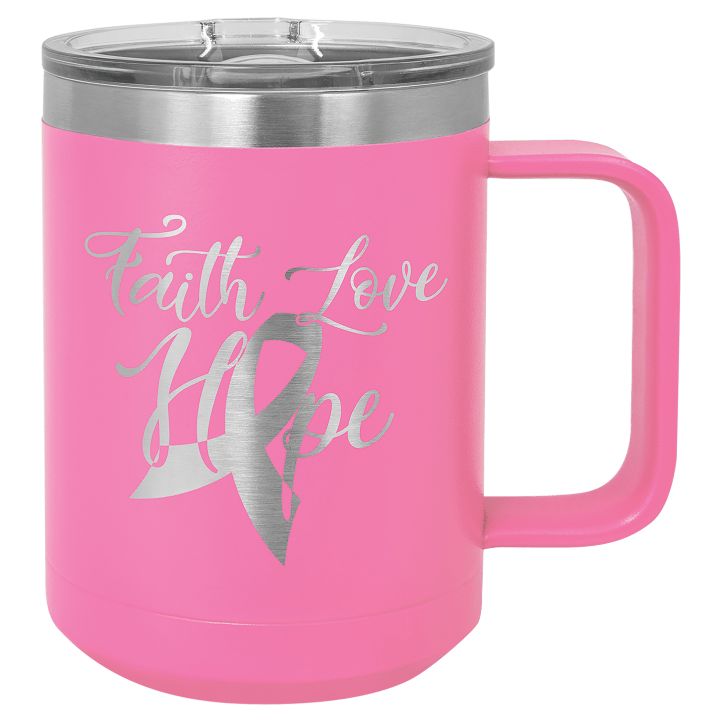 15 oz coffee mug in pink with sample laser engraving and powder-coated finish. Durable, sleek design with color matched handle