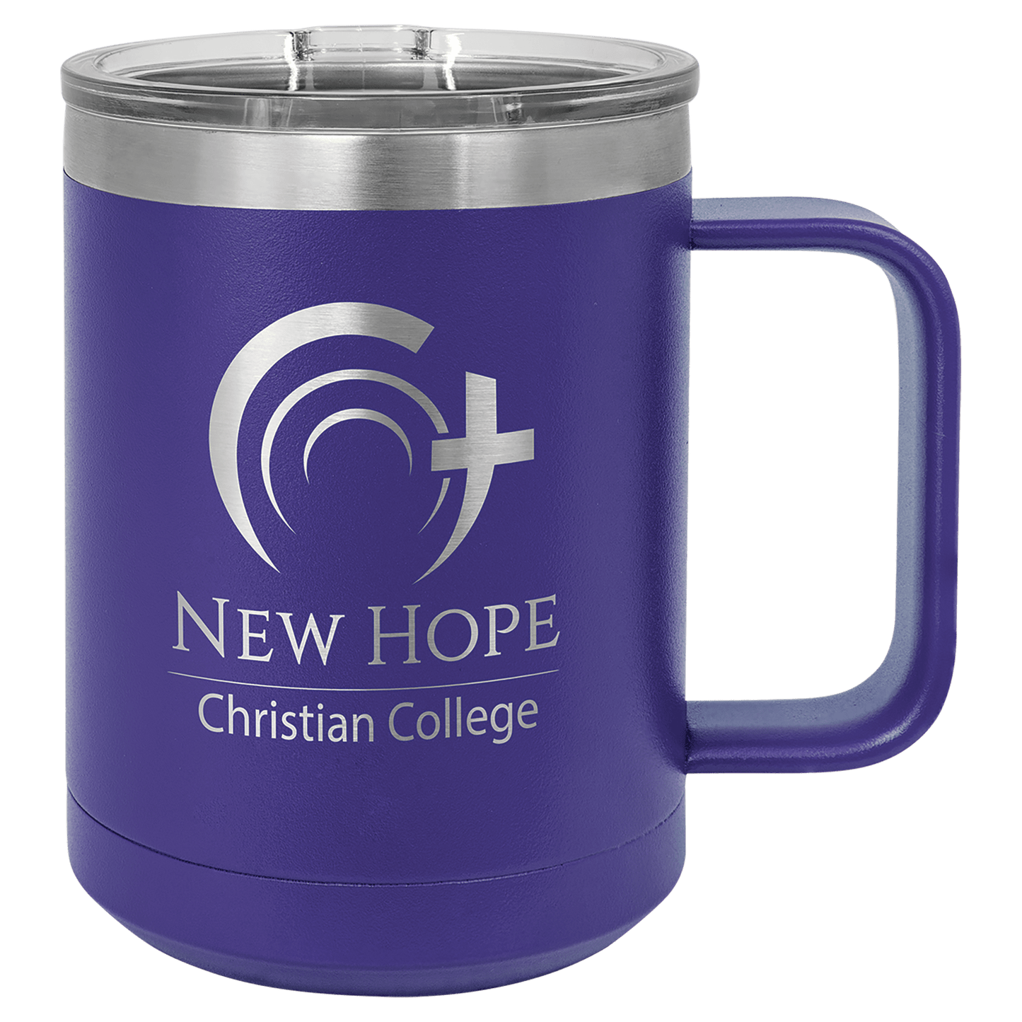 15 oz coffee mug in purple with sample laser engraving and powder-coated finish. Durable, sleek design with color matched handle
