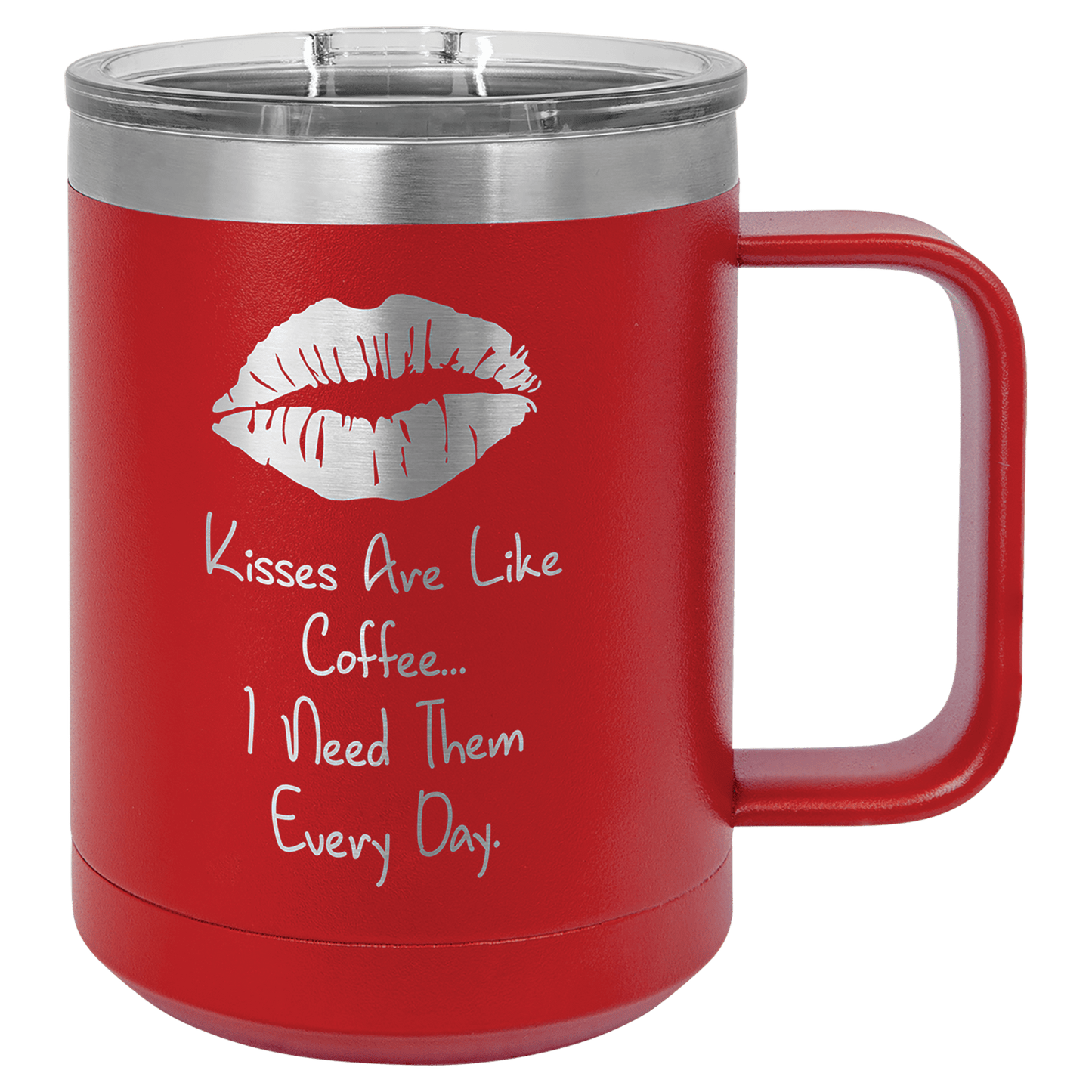 15 oz coffee mug in red with sample laser engraving and powder-coated finish. Durable, sleek design with color matched handle