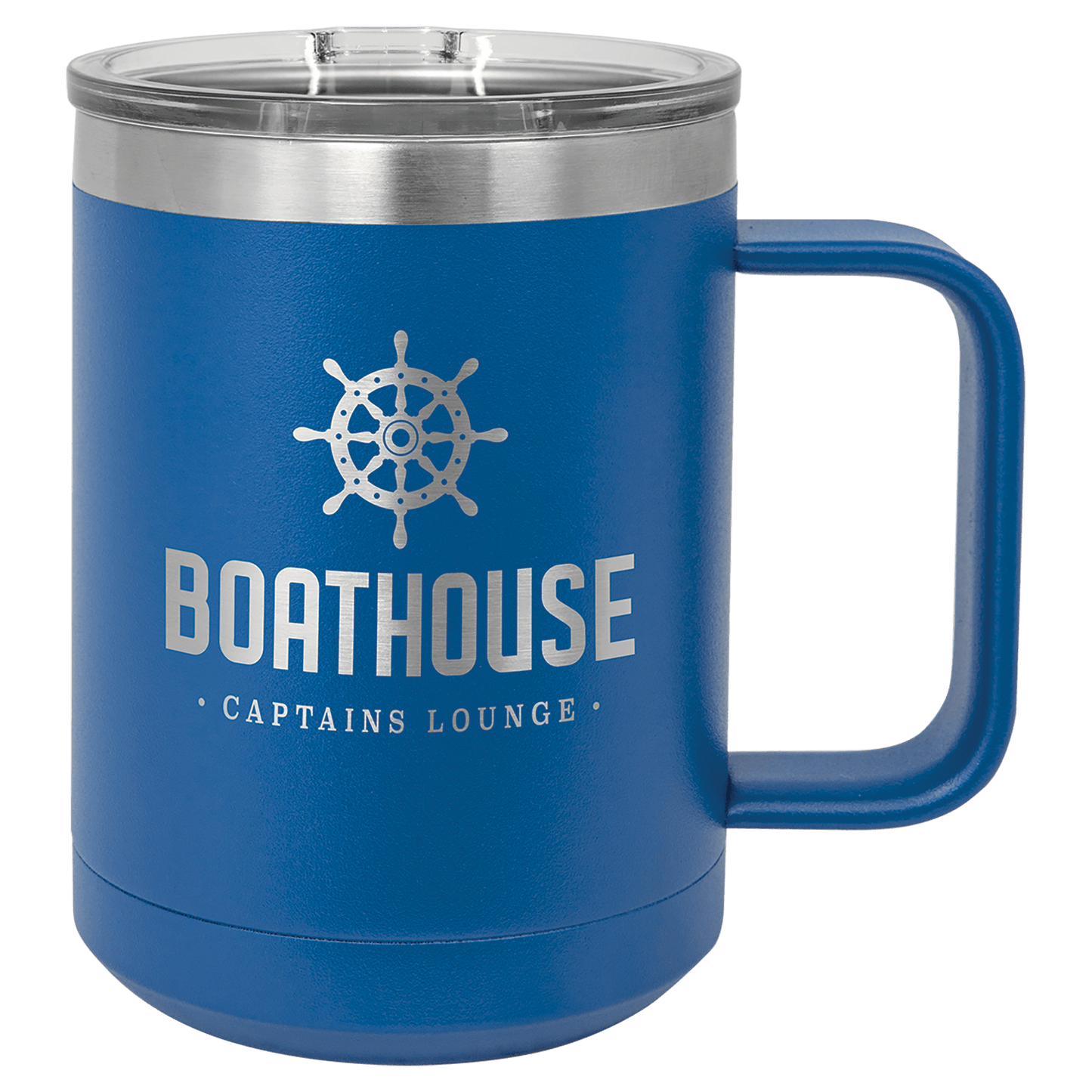 15 oz coffee mug in royal blue with sample laser engraving and powder-coated finish. Durable, sleek design with color matched handle
