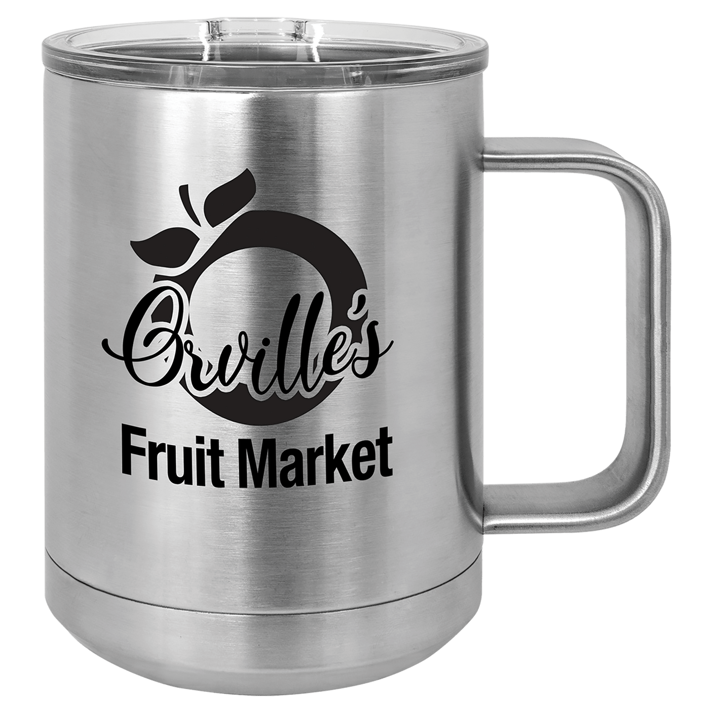 15 oz coffee mug in stainless steel with sample laser engraving. Durable, sleek design with color matched handle
