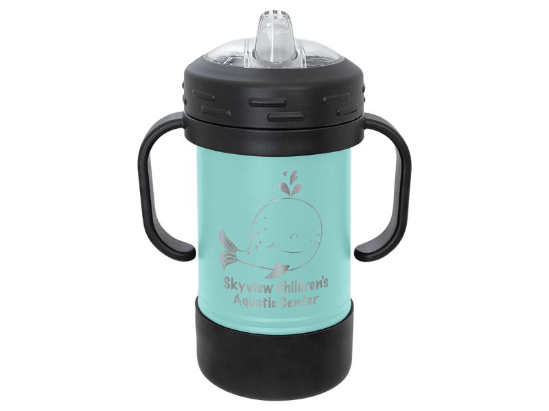 10 ounce Childs sippy cup, in Teal, with a rubberized black base and black screw on top. A black handle protrudes on either side for easy gripping. Image contains a sample engraving
