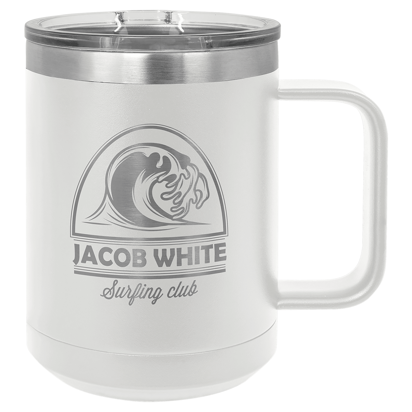15 oz coffee mug in white with sample laser engraving and powder-coated finish. Durable, sleek design with color matched handle