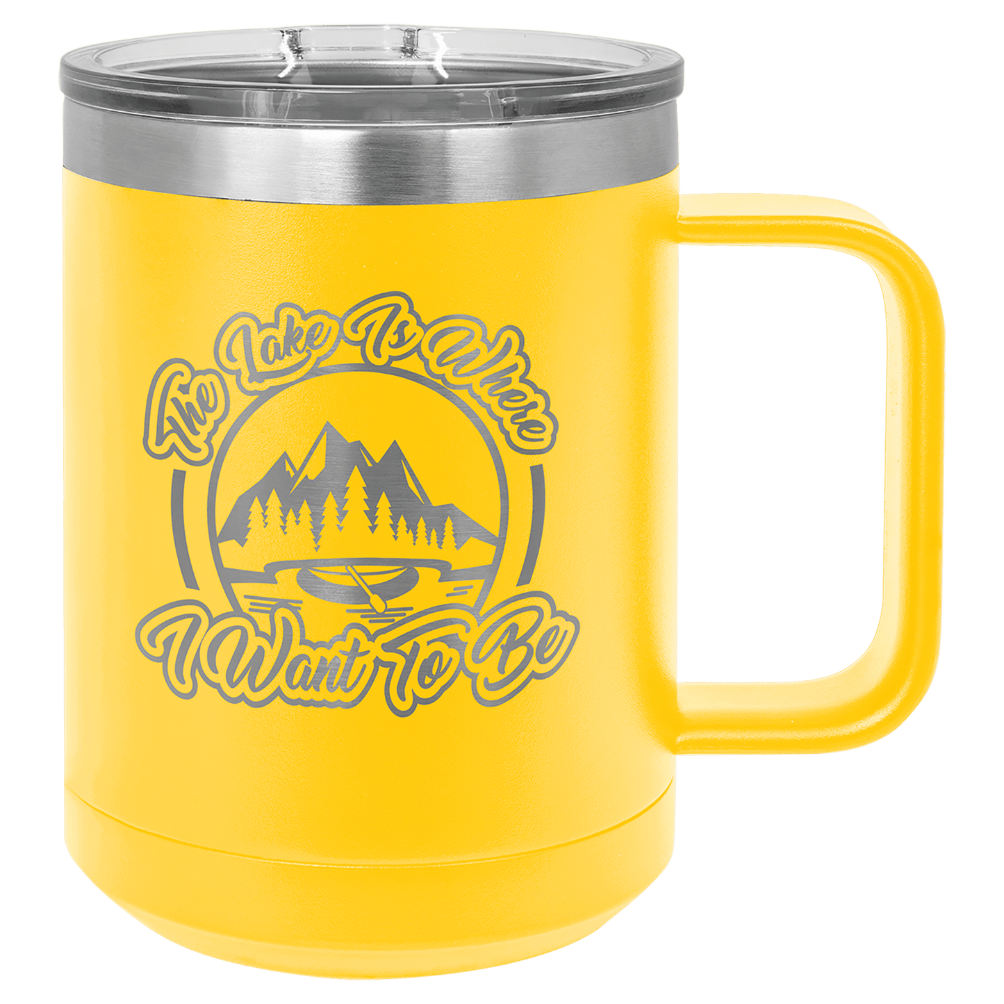 15 oz coffee mug in yellow with sample laser engraving and powder-coated finish. Durable, sleek design with color matched handle