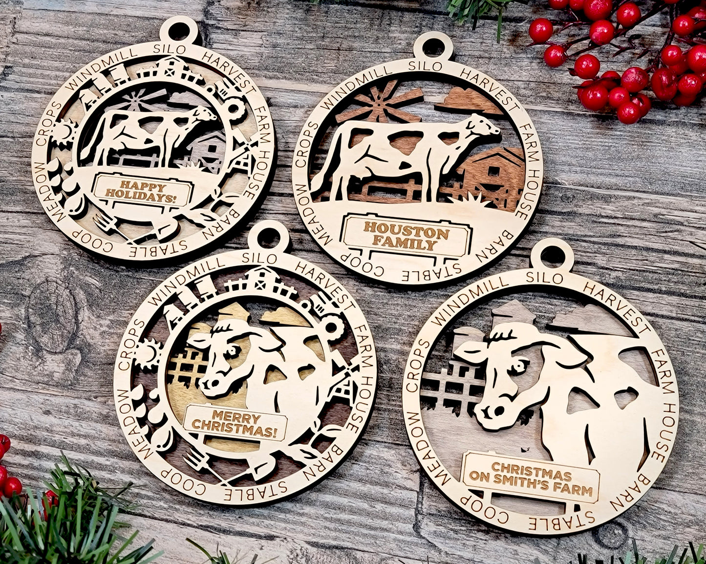 4 versions of the Cow ornament are displayed, showing the icon version and non-icon versions.  There is a closeup version and a full Cow (scene) version