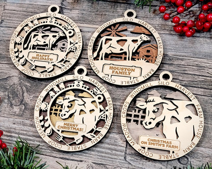 4 versions of the Cow ornament are displayed, showing the icon version and non-icon versions.  There is a closeup version and a full Cow (scene) version