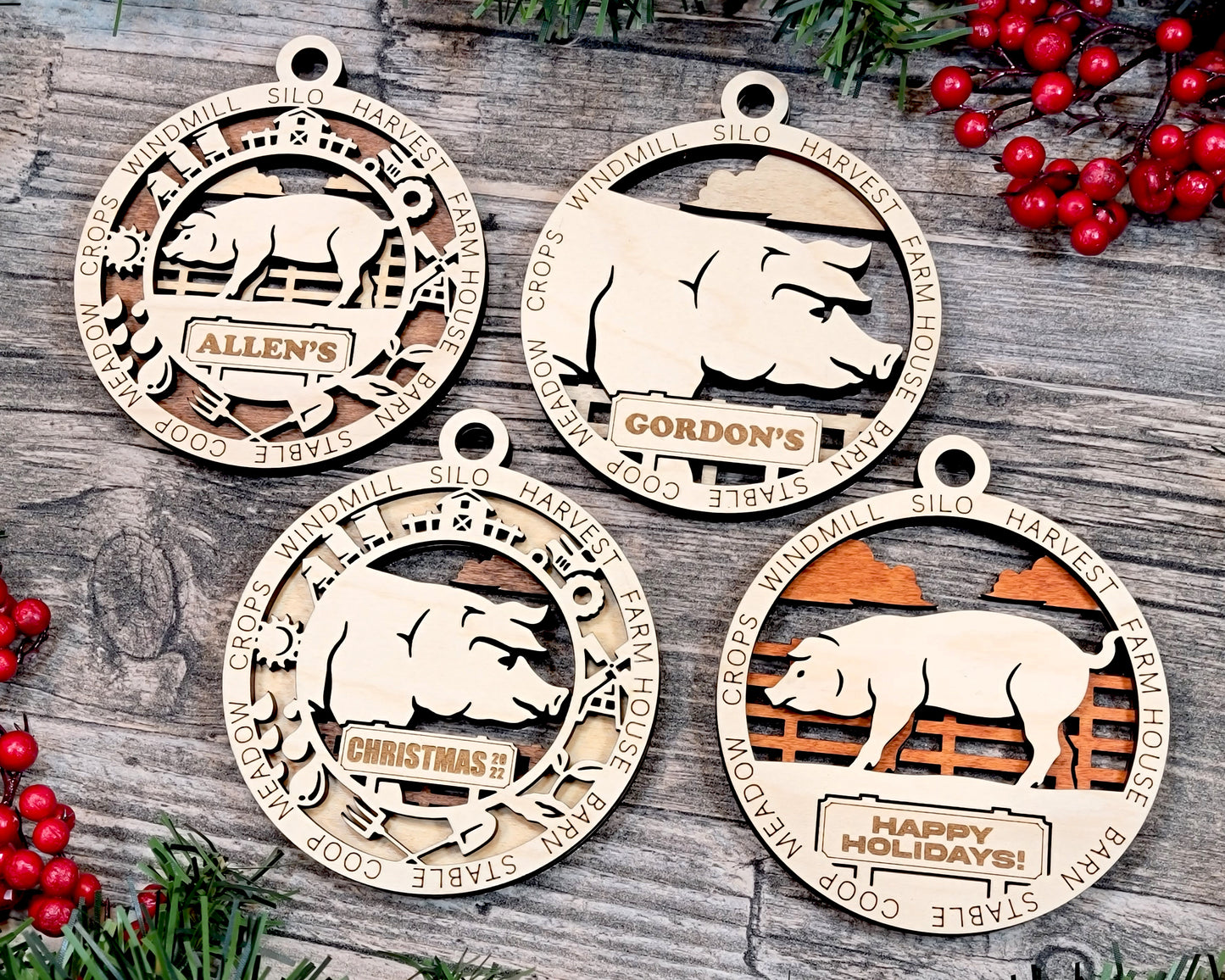 4 versions of the Pig ornament are displayed, showing the icon version and non-icon versions.  There is a closeup version and a full pig (scene) version