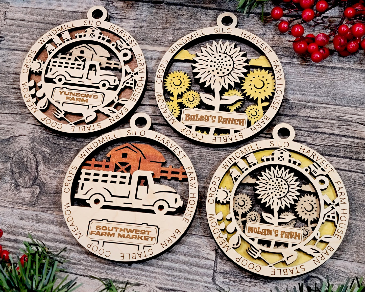 2 versions of the Farm Truck ornament and sunflower ornament are displayed, showing the icon version and non-icon versions.  Icon versions include small icons that circle around the center image