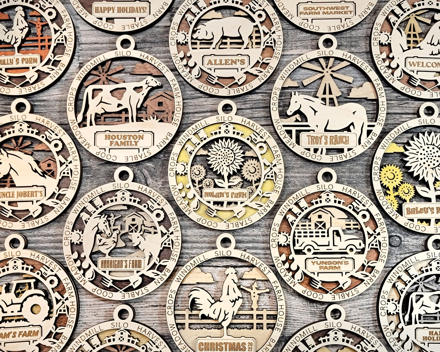 Sample image of multiple farm themed ornaments, showing farm animals, such as a horse, cow, chickens, and a pig. A  farm truck, sunflowers and a tractor are also options shown.