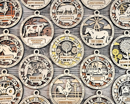 Sample image of multiple farm themed ornaments, showing farm animals, such as a horse, cow, chickens, and a pig. A  farm truck, sunflowers and a tractor are also options shown.