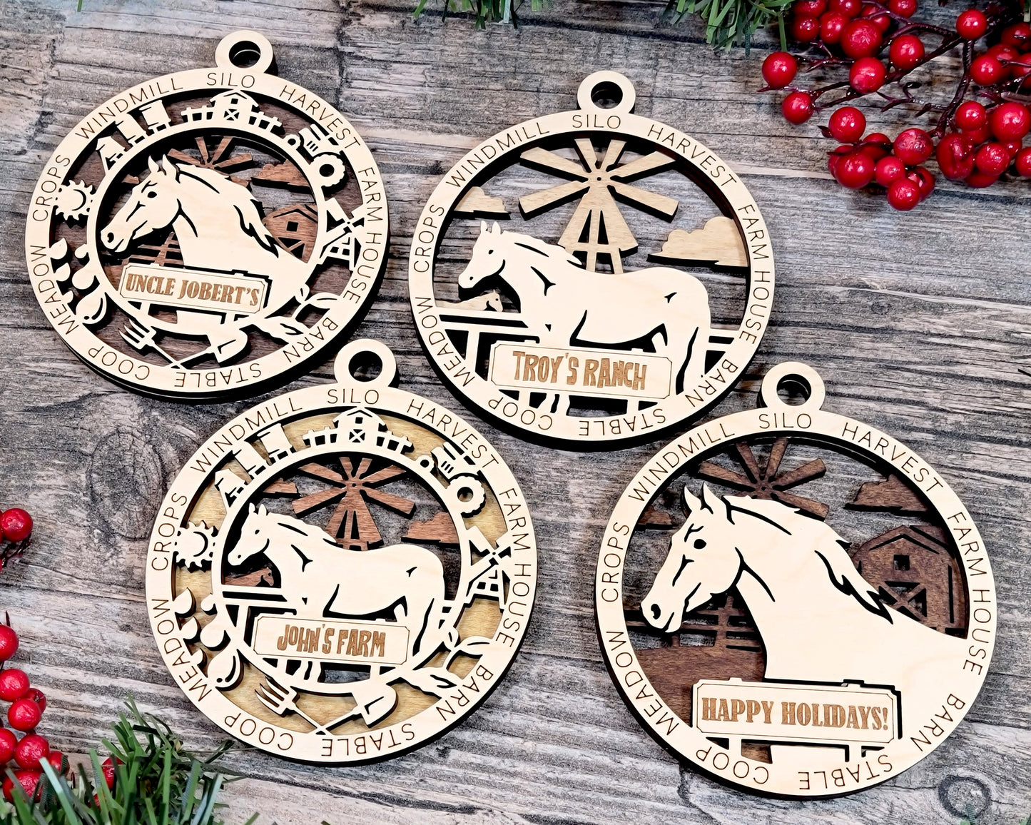 4 versions of the Horse ornament are displayed, showing the icon version and non-icon versions.  There is a closeup version and a full horse (scene) version