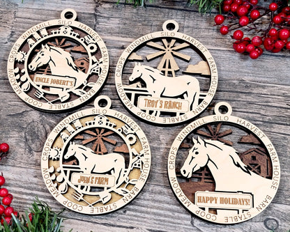 4 versions of the Horse ornament are displayed, showing the icon version and non-icon versions.  There is a closeup version and a full horse (scene) version