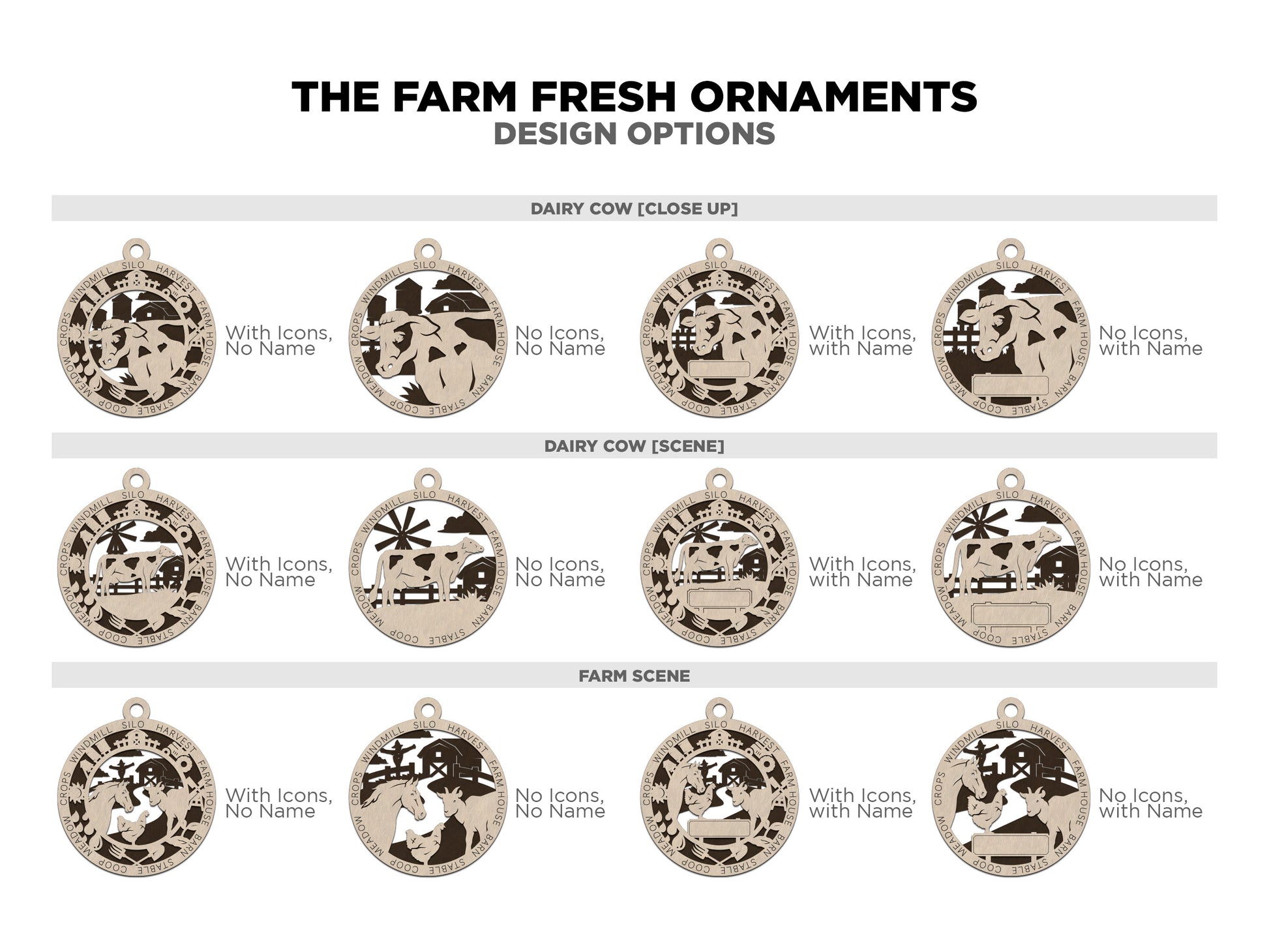 Design options options are shown for the Dairy Cow Close up version, Dairy Cow Scene version, and Farm Scene.  Options are No Icons and no name, Icons with no came, No Icons with custom engraved name, and Icons with custom engraved name