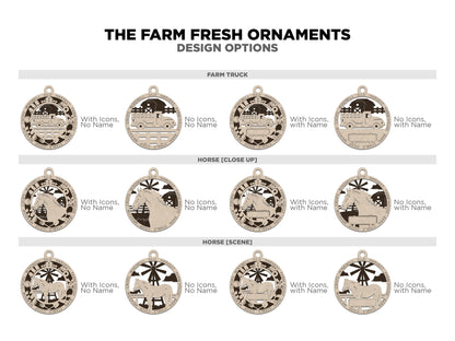 Design options options are shown for the Farm Truck, Horse Close Up version, Horse scene version.  Options are No Icons and no name, Icons with no came, No Icons with custom engraved name, and Icons with custom engraved name