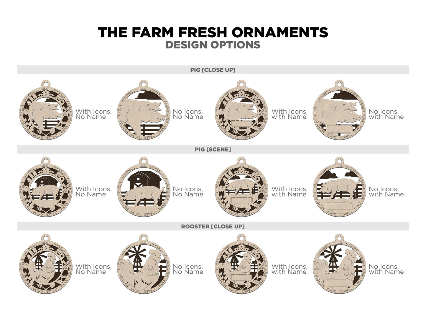 Design options options are shown for the Pig close up version, Pig scene version, and Rooster close up version.  Options are No Icons and no name, Icons with no came, No Icons with custom engraved name, and Icons with custom engraved name