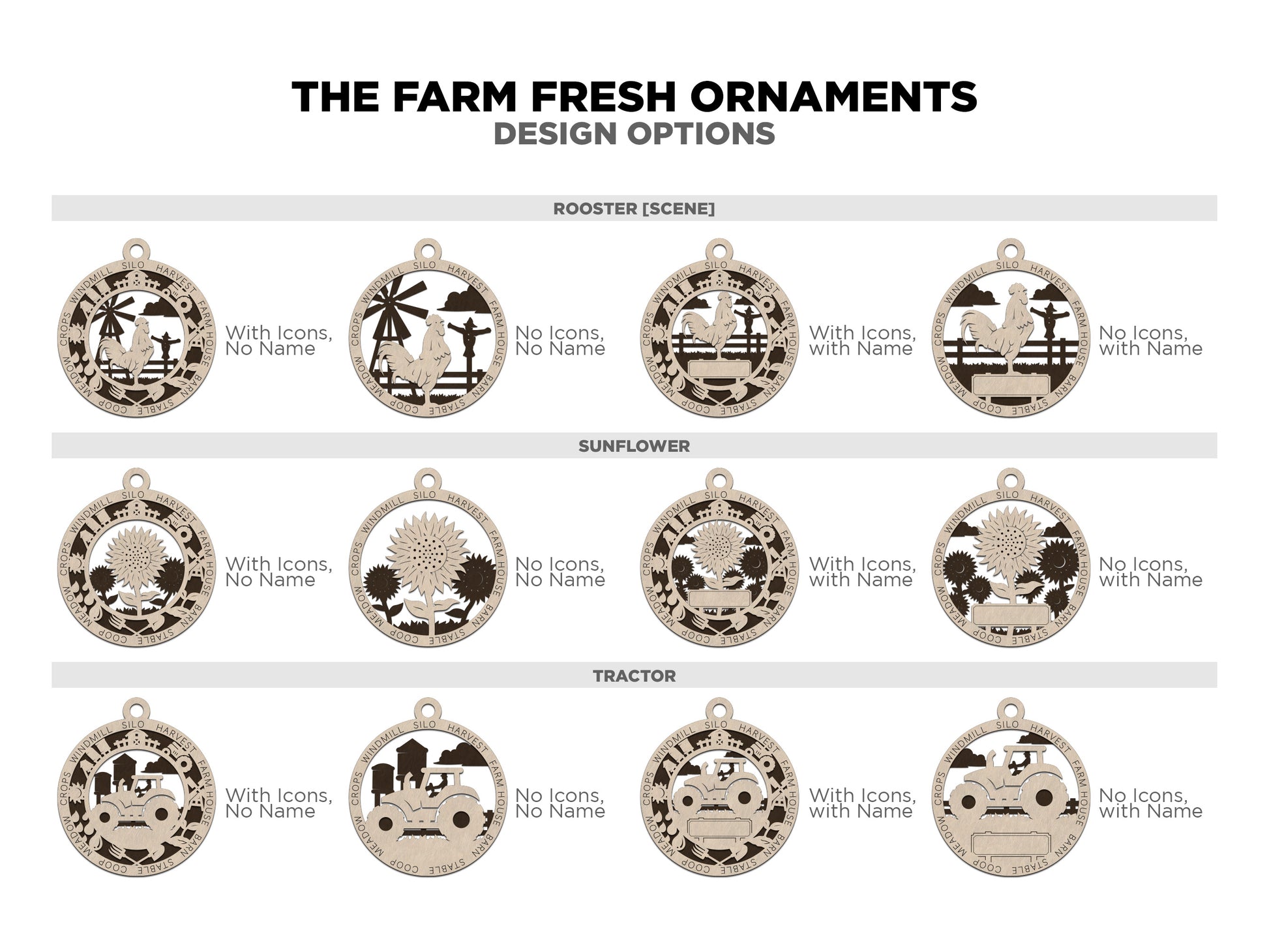 Design options options are shown for the Rooster scene version, Sunflower, and tractor ornaments.  Options are No Icons and no name, Icons with no came, No Icons with custom engraved name, and Icons with custom engraved name