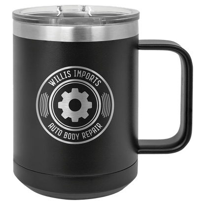 15 oz coffee mug in black with sample laser engraving and powder-coated finish. Durable, sleek design with color matched handle 