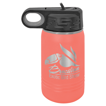 A 12 ounce water bottle shown, in coral with black screw on top.  Top has a finger hole for easy carrying, and a finger tab on top to flip the built in straw open.   Image includes a sample engraving