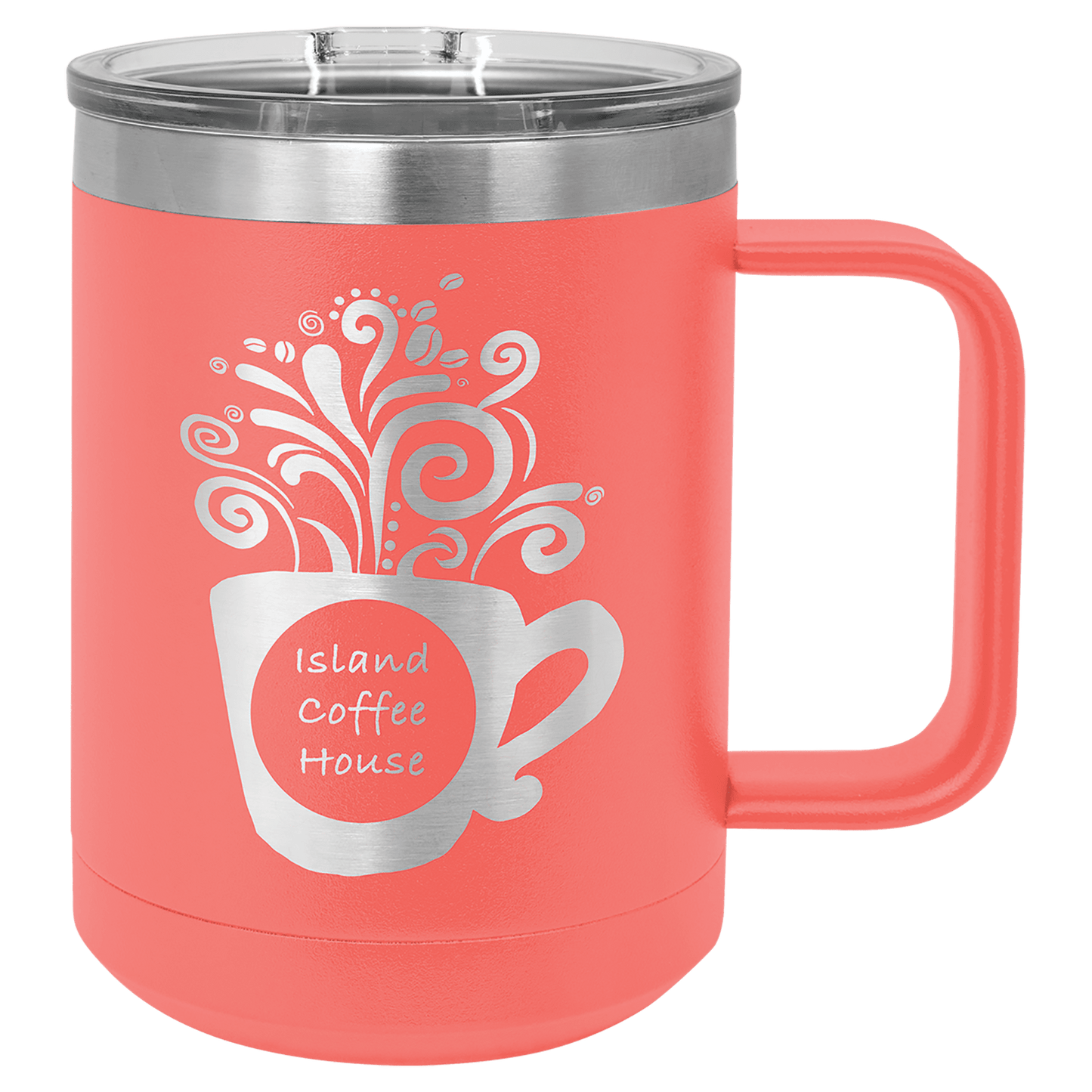 15 oz coffee mug in coral with sample laser engraving and powder-coated finish. Durable, sleek design with color matched handle 