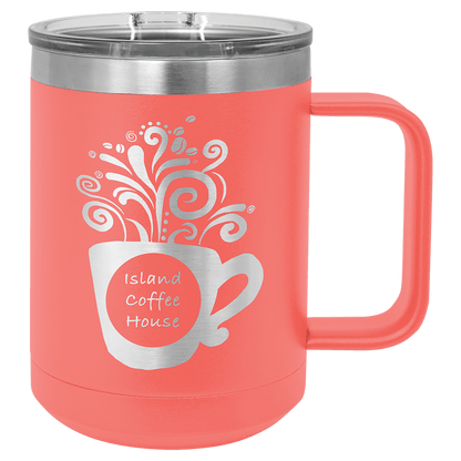 15 oz coffee mug in coral with sample laser engraving and powder-coated finish. Durable, sleek design with color matched handle 