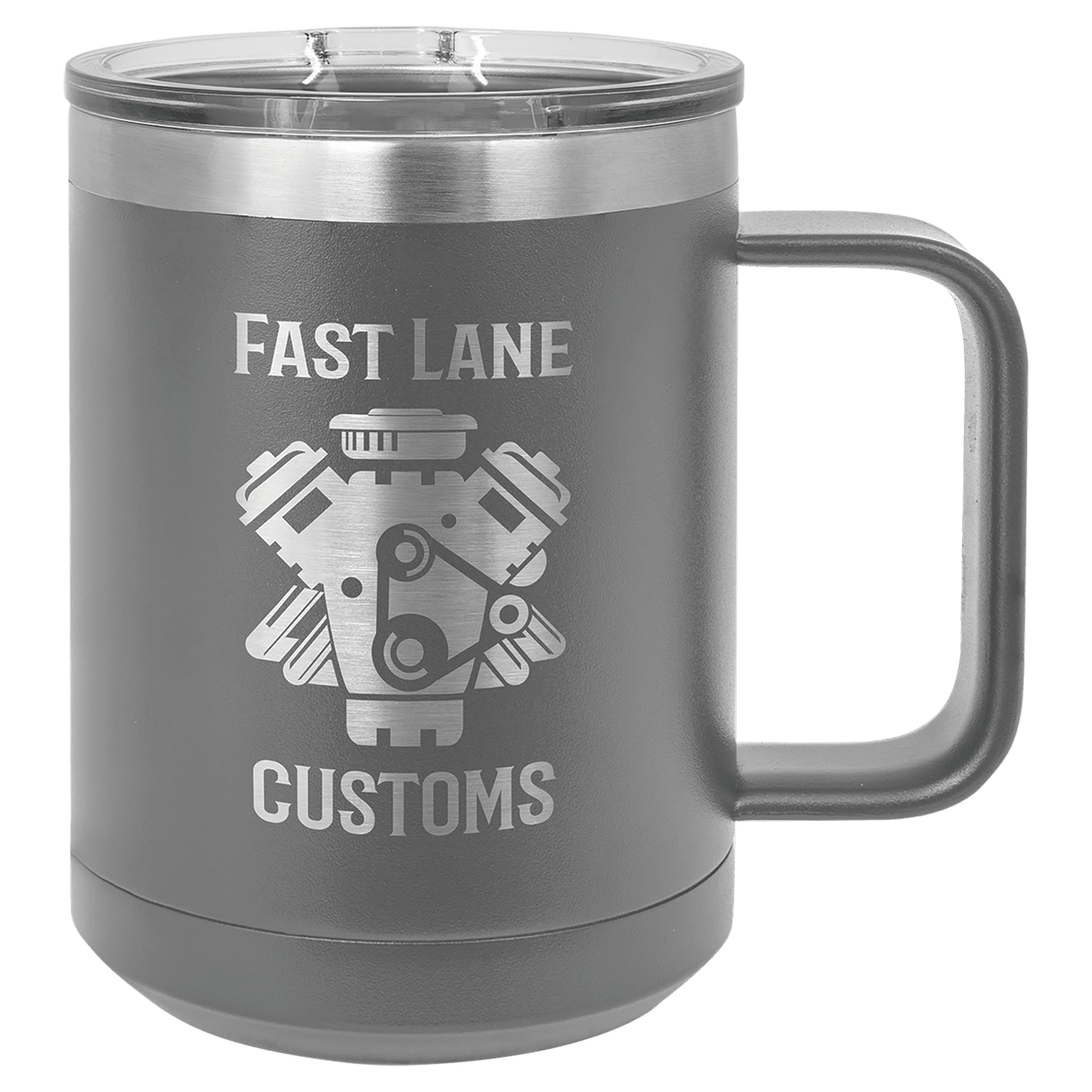 15 oz coffee mug in dark gray with sample laser engraving and powder-coated finish. Durable, sleek design with color matched handle 