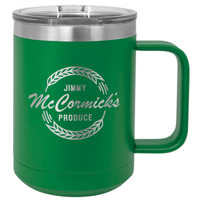 15 oz coffee mug in green with sample laser engraving and powder-coated finish. Durable, sleek design with color matched handle 