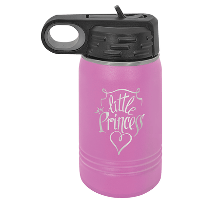 A 12 ounce water bottle shown, in lavender with black screw on top.  Top has a finger hole for easy carrying, and a finger tab on top to flip the built in straw open.   Image includes a sample engraving