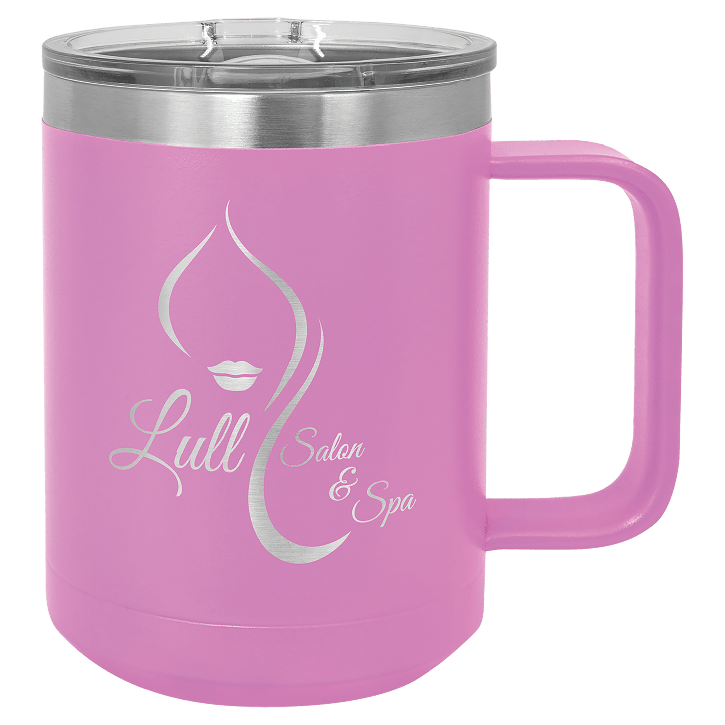 15 oz coffee mug in lavender with sample laser engraving and powder-coated finish. Durable, sleek design with color matched handle 