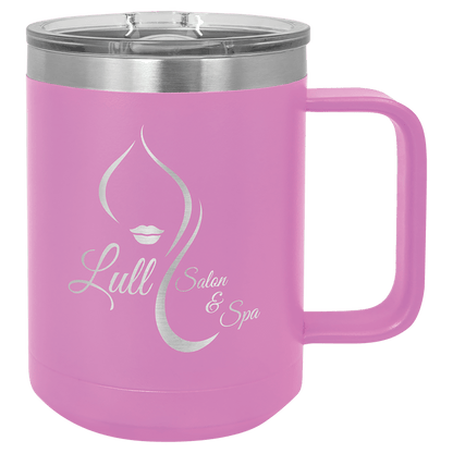 15 oz coffee mug in lavender with sample laser engraving and powder-coated finish. Durable, sleek design with color matched handle 