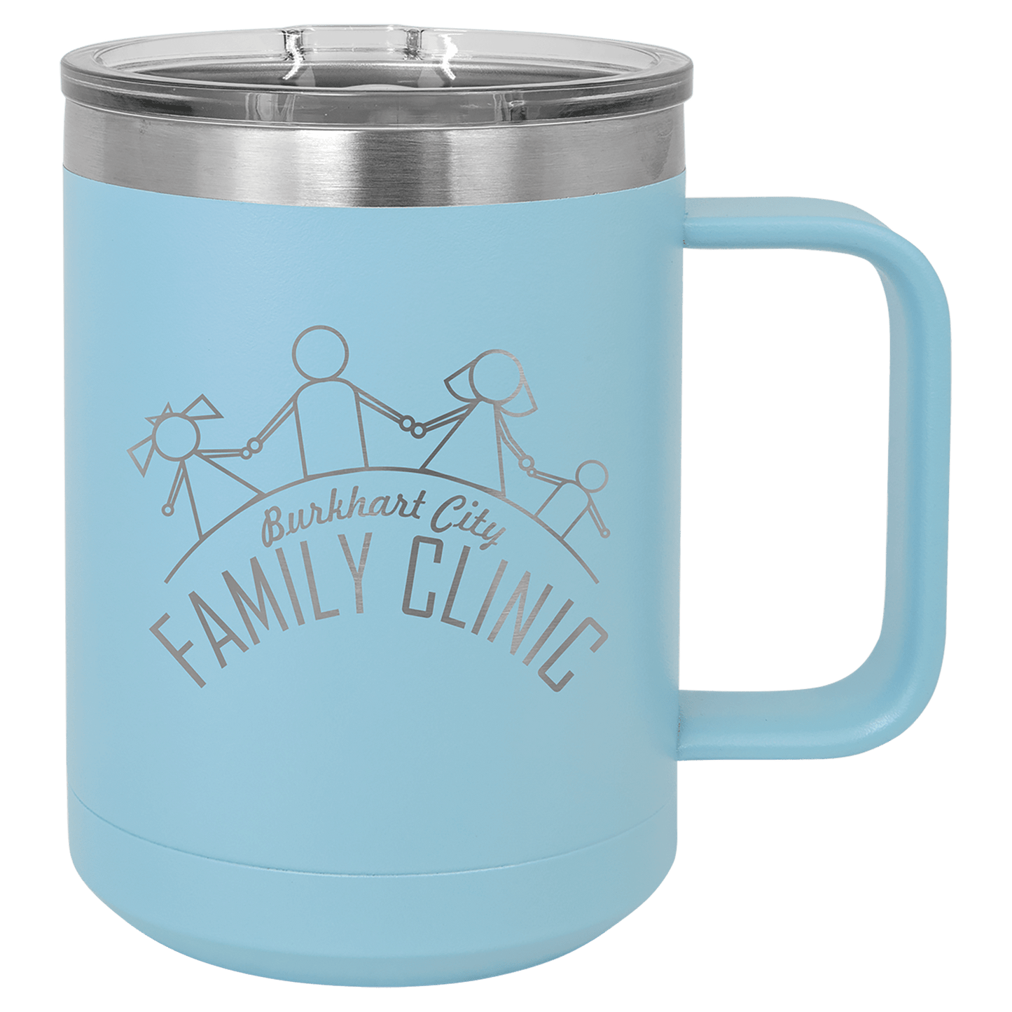 15 oz coffee mug in light blue with sample laser engraving and powder-coated finish. Durable, sleek design with color matched handle 