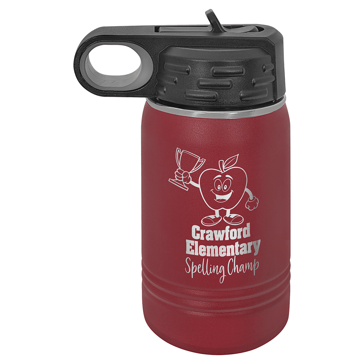 A 12 ounce water bottle shown, in Maroon with black screw on top.  Top has a finger hole for easy carrying, and a finger tab on top to flip the built in straw open.   Image includes a sample engraving