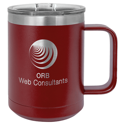 15 oz coffee mug in maroon with sample laser engraving and powder-coated finish. Durable, sleek design with color matched handle 