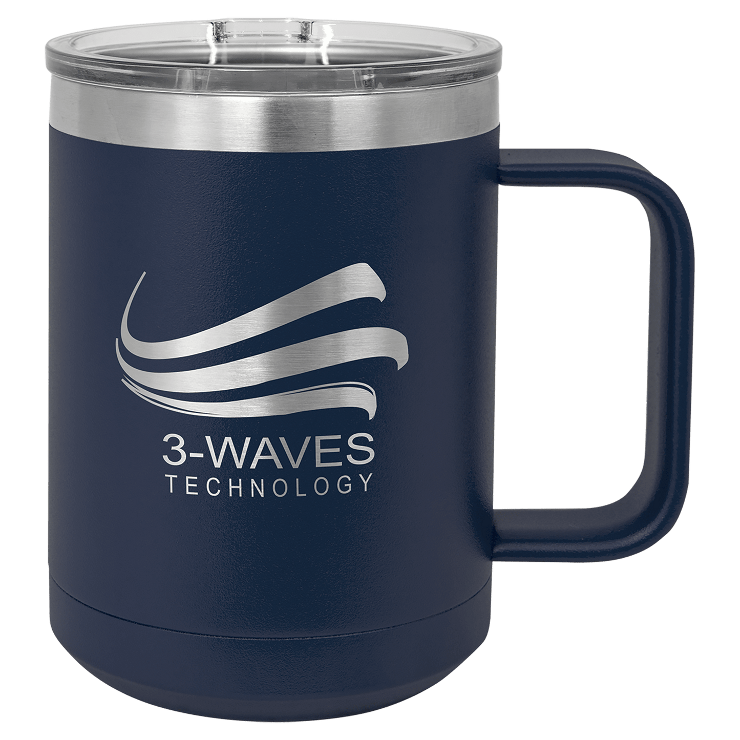 15 oz coffee mug in navy blue with sample laser engraving and powder-coated finish. Durable, sleek design with color matched handle 