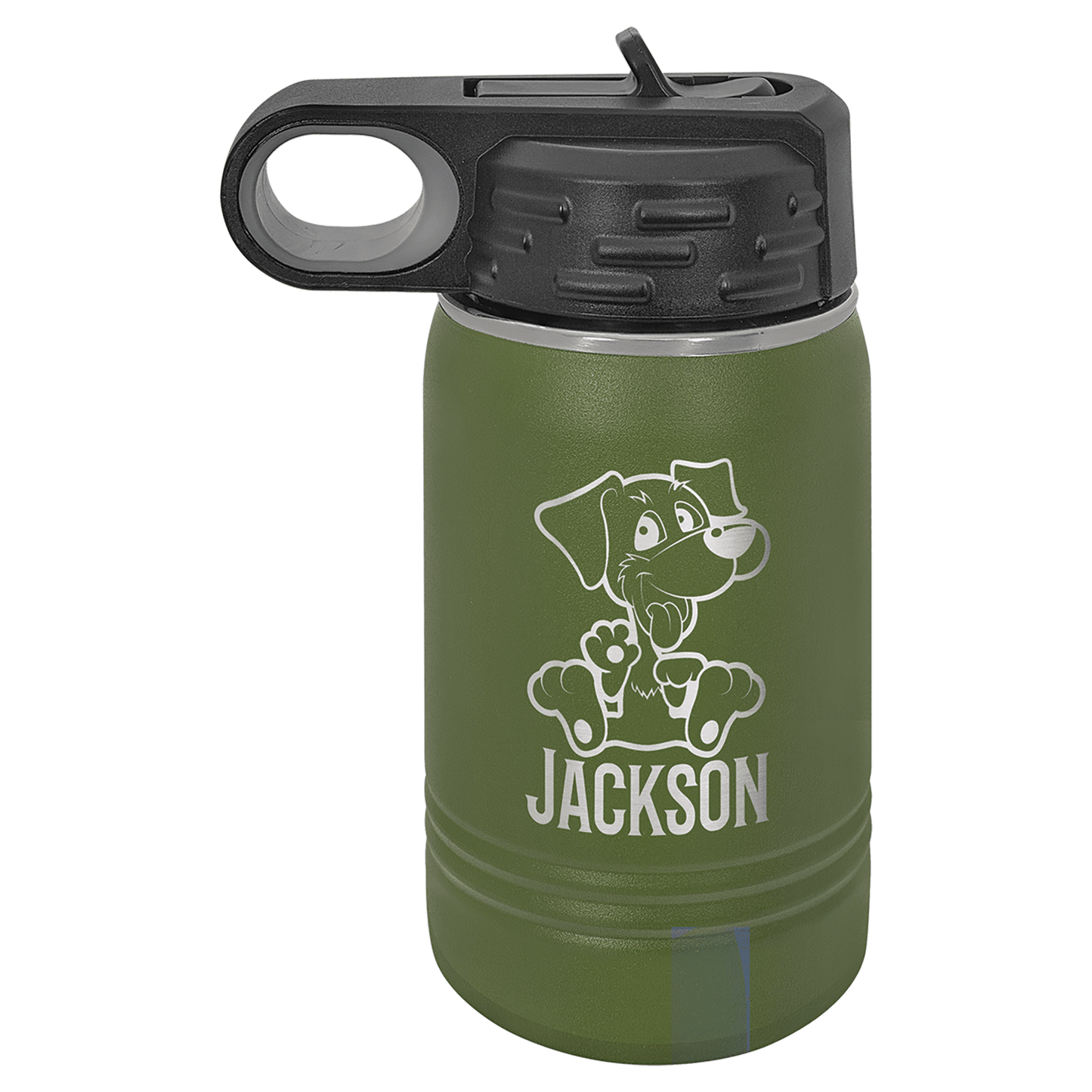 A 12 ounce water bottle shown, in Olive Green with black screw on top.  Top has a finger hole for easy carrying, and a finger tab on top to flip the built in straw open.   Image includes a sample engraving