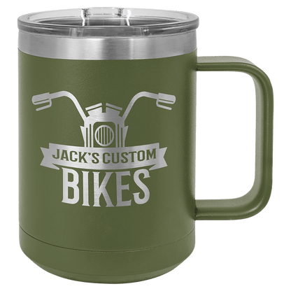 15 oz coffee mug in olive green with sample laser engraving and powder-coated finish. Durable, sleek design with color matched handle 