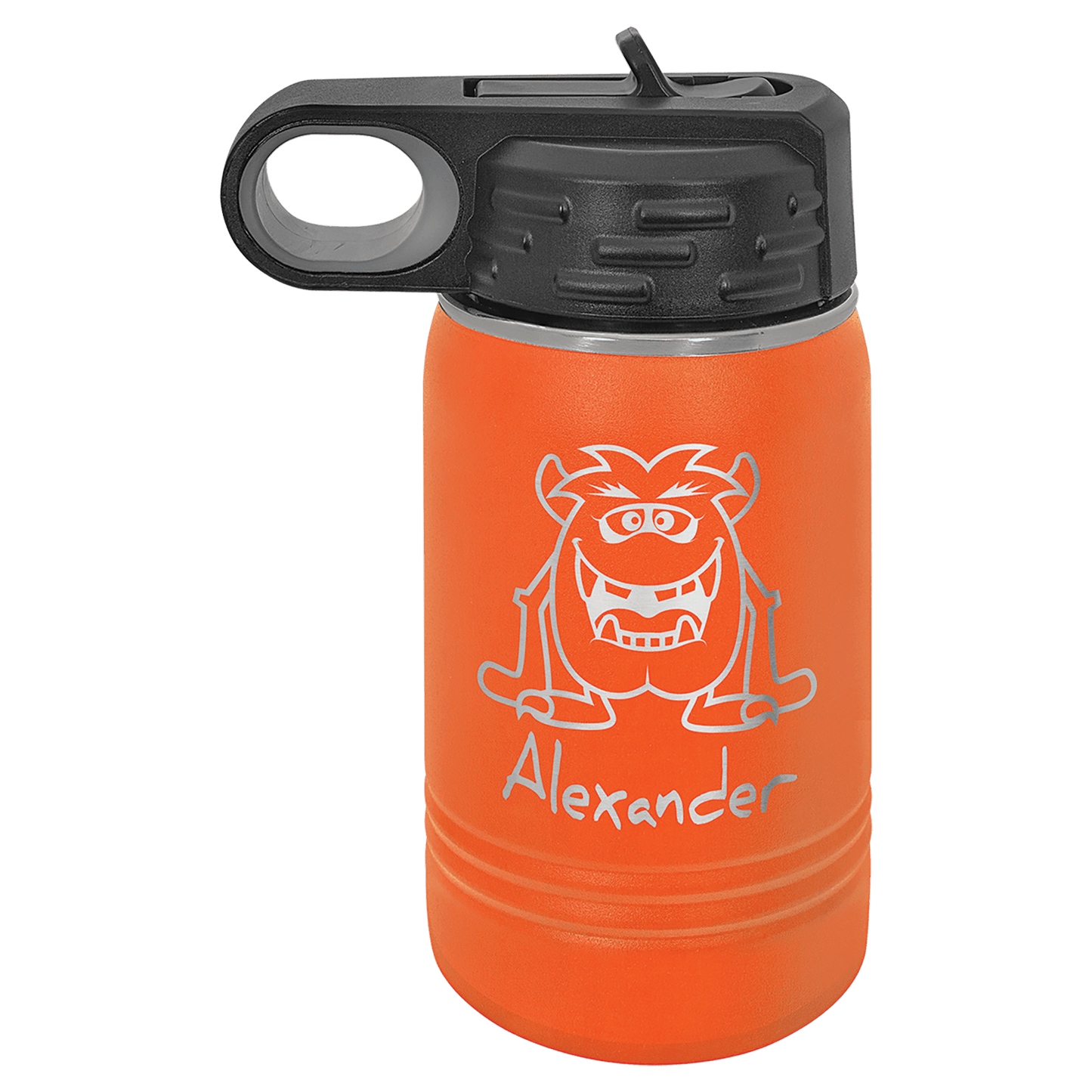 A 12 ounce water bottle shown, in orange with black screw on top.  Top has a finger hole for easy carrying, and a finger tab on top to flip the built in straw open.   Image includes a sample engraving