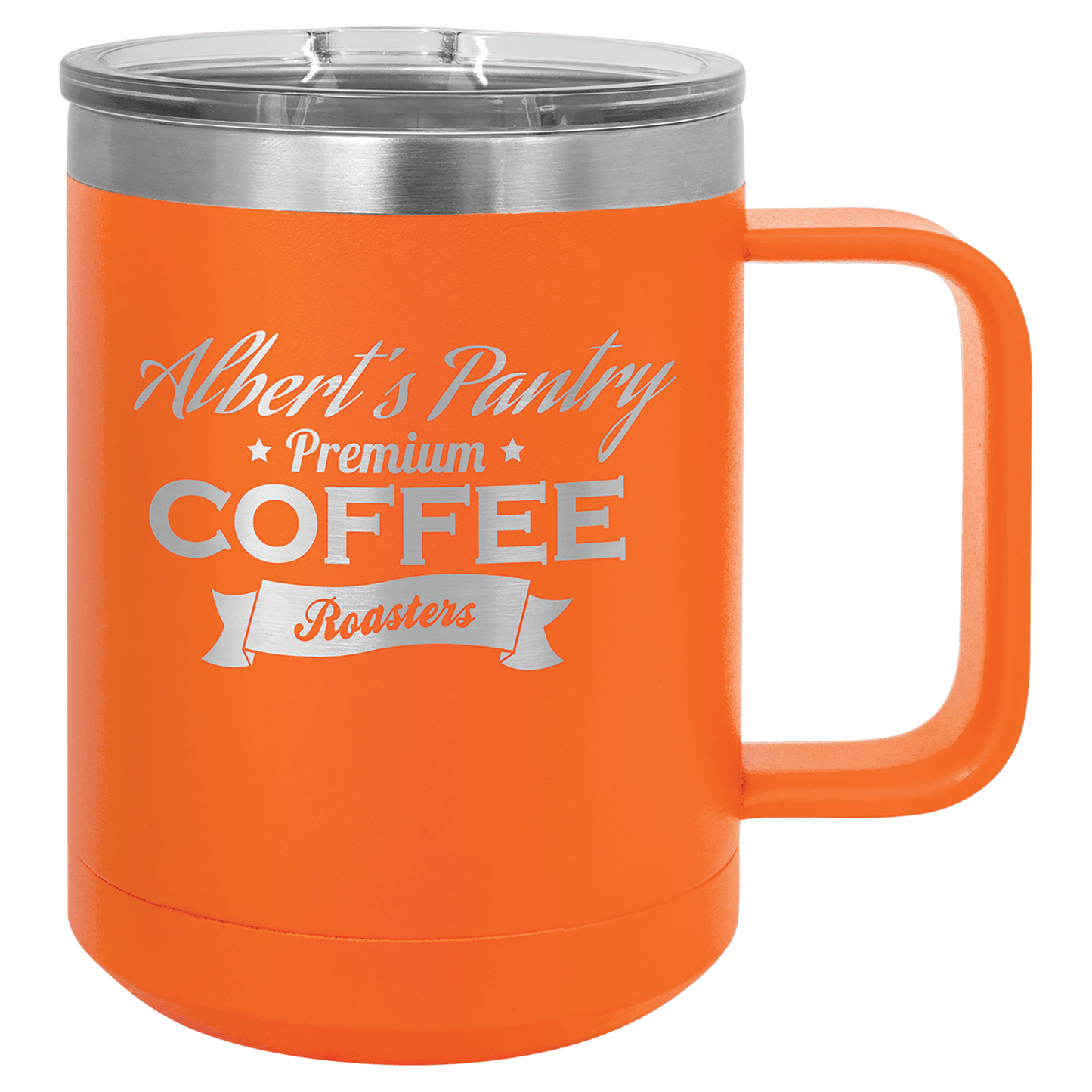 15 oz coffee mug in orange with sample laser engraving and powder-coated finish. Durable, sleek design with color matched handle 