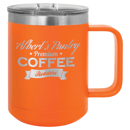 15 oz coffee mug in orange with sample laser engraving and powder-coated finish. Durable, sleek design with color matched handle 