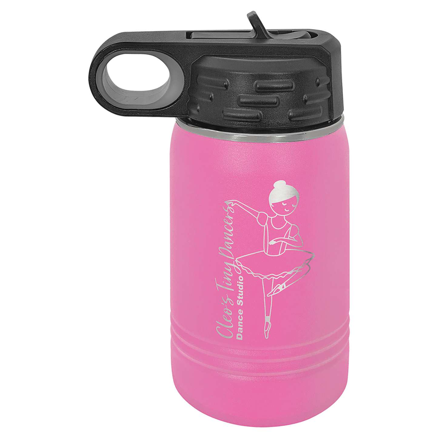 A 12 ounce water bottle shown, in pink with black screw on top.  Top has a finger hole for easy carrying, and a finger tab on top to flip the built in straw open.   Image includes a sample engraving