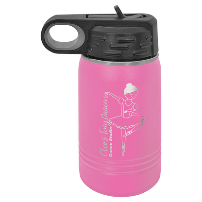 A 12 ounce water bottle shown, in pink with black screw on top.  Top has a finger hole for easy carrying, and a finger tab on top to flip the built in straw open.   Image includes a sample engraving