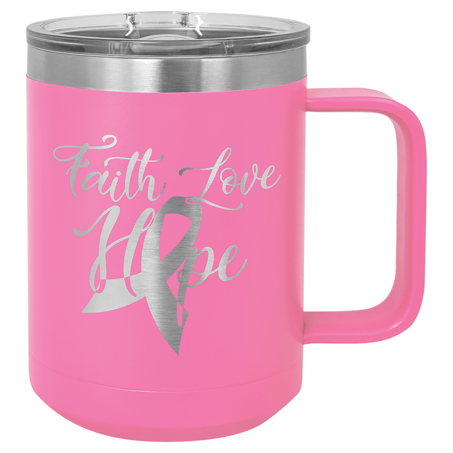 15 oz coffee mug in pink with sample laser engraving and powder-coated finish. Durable, sleek design with color matched handle 