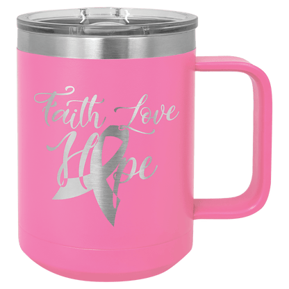 15 oz coffee mug in pink with sample laser engraving and powder-coated finish. Durable, sleek design with color matched handle 